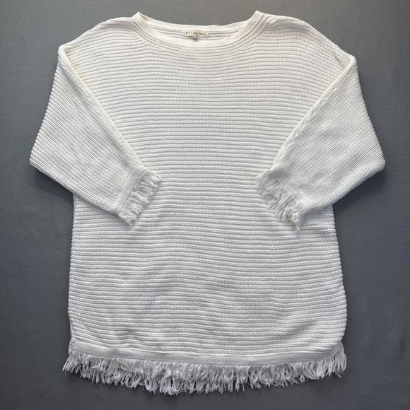 Retrology Women's Beige White Pullover Sweater Fringed Short Sleeve Size M‎ - Picture 1 of 9